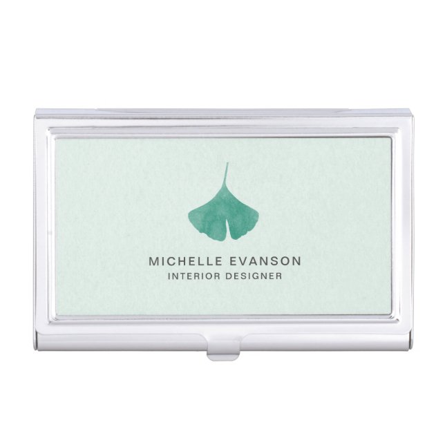 Mint Green Ginkgo Leaf Logo Minimalist Business Card Case (Front)