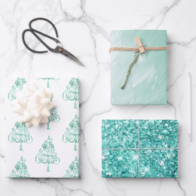 Mint Green Glam Glitter Christmas Wrapping Paper Sheets (Front)