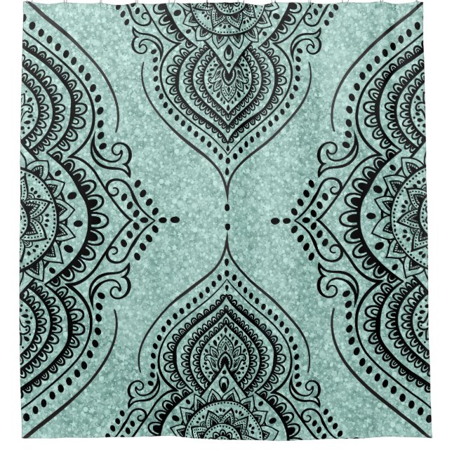 Mint-Green Glitter & Black Lace Floral Ornament Shower Curtain (Front)