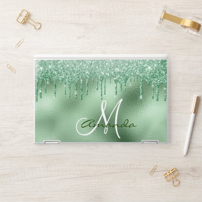 Mint Green Glitter Drips Personalized Monogram HP Laptop Skin (Desk)