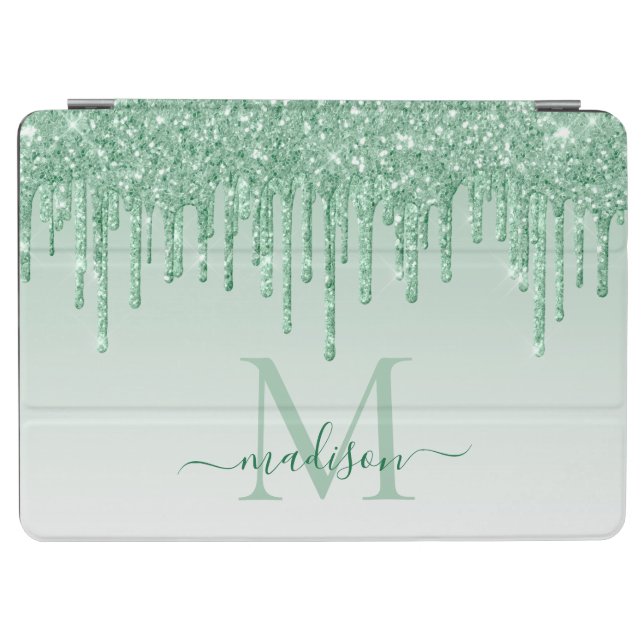 Mint Green Glitter Drips Sparkle Monogram Script iPad Air Cover (Horizontal)