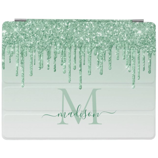 Mint Green Glitter Drips Sparkle Monogram Script iPad Air Cover (Horizontal)