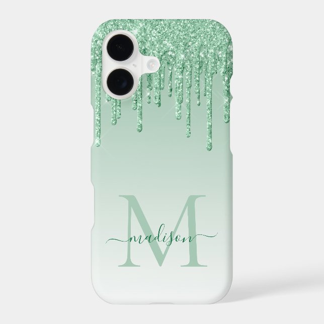 Mint Green Glitter Drips Sparkle Monogram Script Iphone Case (Back)