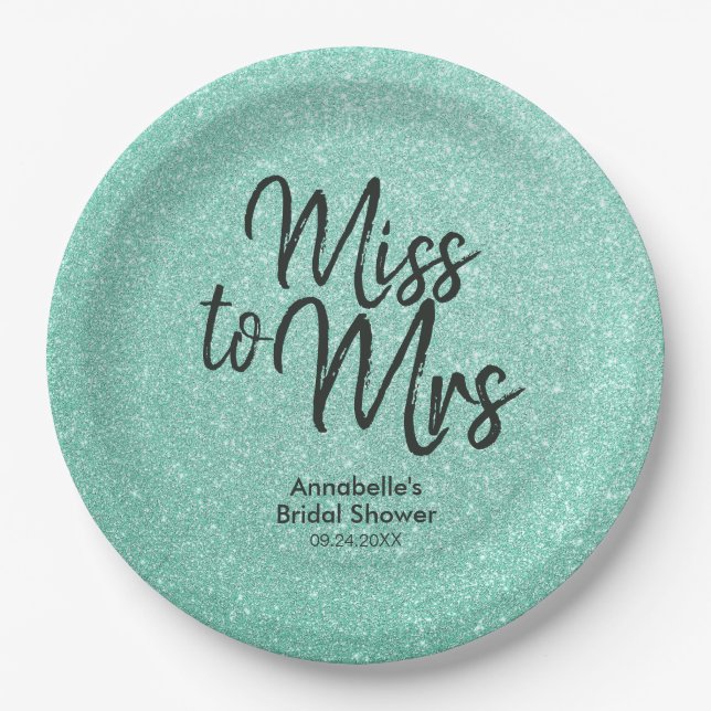 Mint Green Glitter Girly Miss to Mrs Bridal Shower Paper Plates (Front)