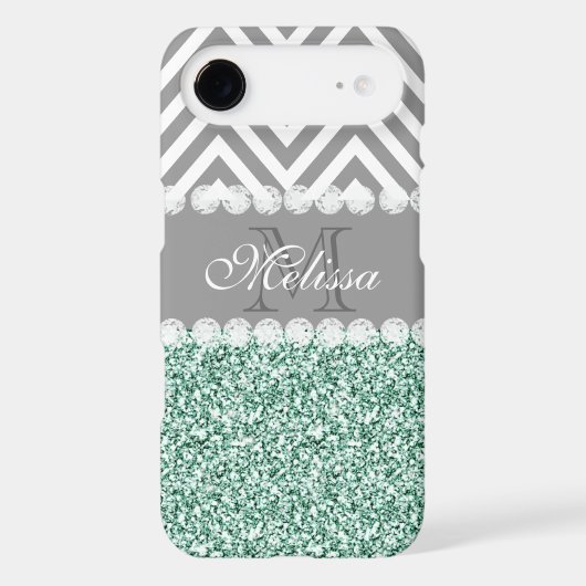 MINT GREEN GLITTER, GRAY CHEVRON, MONOGRAMMED Case-Mate iPhone CASE (Back)