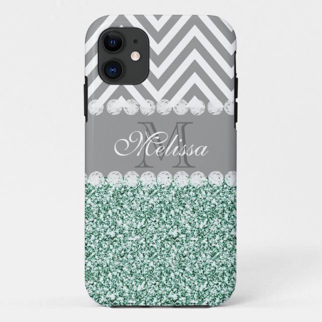 MINT GREEN GLITTER, GRAY CHEVRON, MONOGRAMMED Case-Mate iPhone CASE (Back)