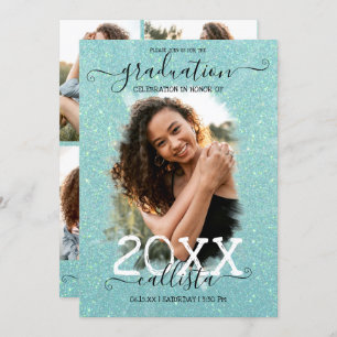 Mint Green Glitter Halo Photo Collage Graduation Invitation