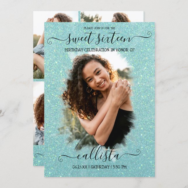 Mint Green Glitter Halo Photo Collage Sweet 16 Invitation (Front/Back)
