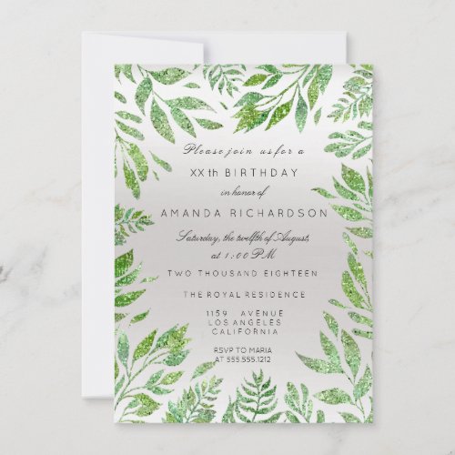 Mint Green Glitter Leafs Floral Frame Gray Silver Invitation