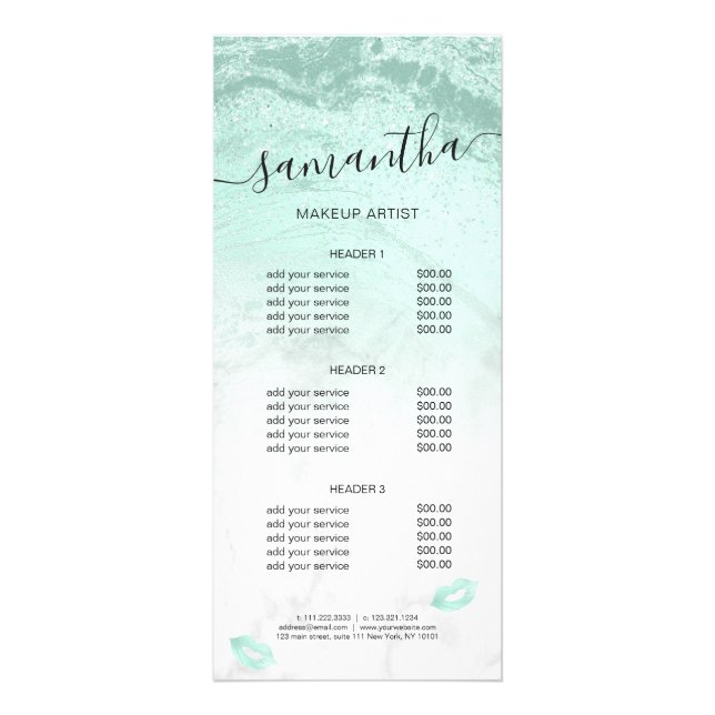 Mint green glitter lips marble makeup artist rack card (Front)