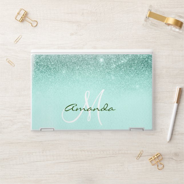 Mint Green Glitter Ombre Personalized Monogram HP Laptop Skin (Desk)