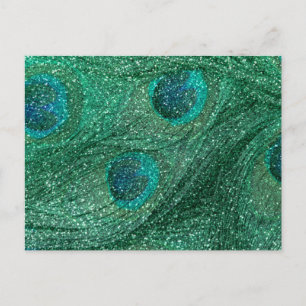 mint green glitter peacock feathers postcard