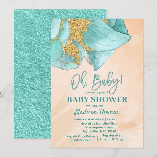 Mint Green Glitter Rose Boys Baby Shower   Invitation (Front/Back)