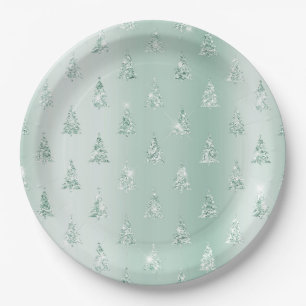 Mint Green Glitter Sparkle Christmas Trees     Paper Plates