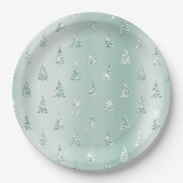 Mint Green Glitter Sparkle Christmas Trees     Paper Plates (Front)
