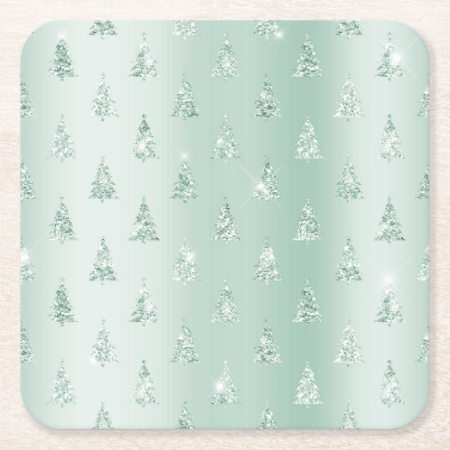 Mint Green Glitter Sparkle Christmas Trees   Square Paper Coaster (Front)