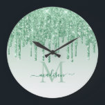 Mint Green Glitter Sparkle Glam Dripping Monogram Large Clock<br><div class="desc">Glam Mint Green Glitter Sparkle Dripping Monogram Large Clock</div>