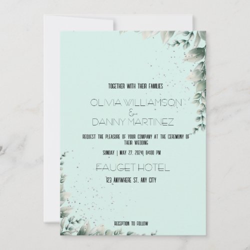 Mint Green Glittery Foliage Wedding Invitation