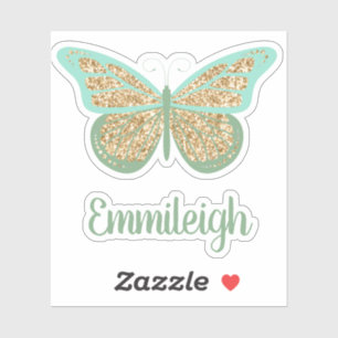 Mint Green Glittery Gold Butterfly Name Sticker