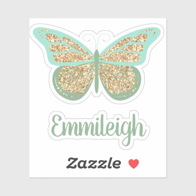 Mint Green Glittery Gold Butterfly Name Sticker (Sheet)