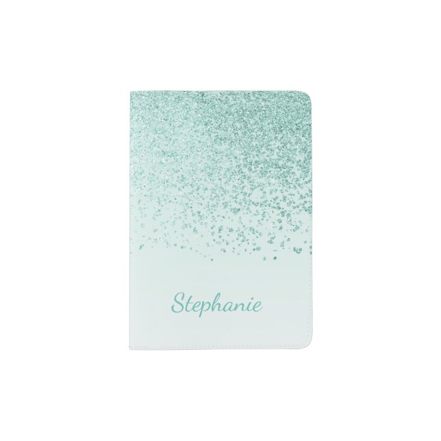 Mint Green Glittery Personalized Passport Holder (Front)