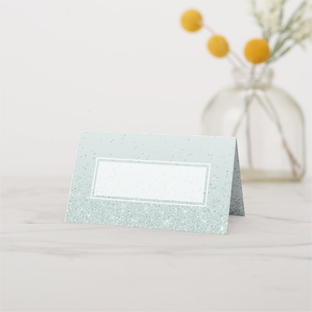 Mint Green Glittery Wedding Place Card (Front)