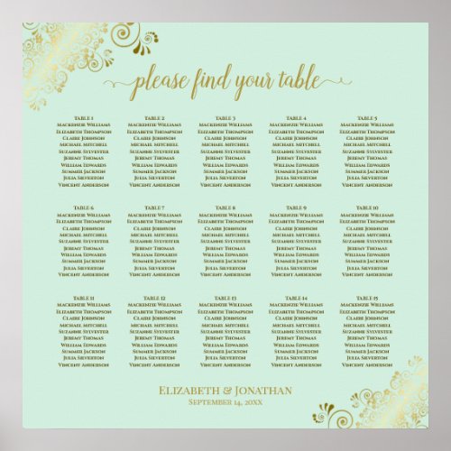 Mint Green  Gold 15 Table Wedding Seating Chart