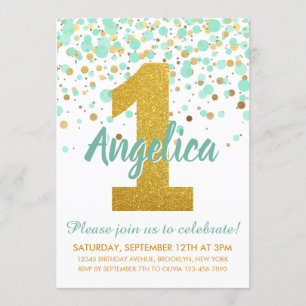 Mint Green Gold 1st Birthday Confetti Birthday Invitation