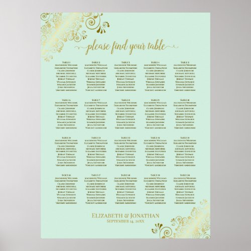Mint Green  Gold 20 Table Wedding Seating Chart