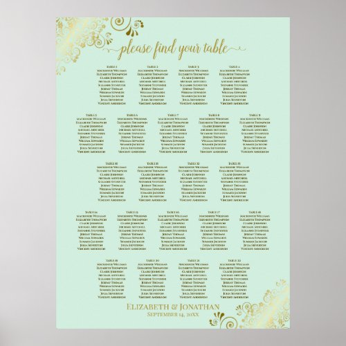 Mint Green  Gold 22 Table Wedding Seating Chart