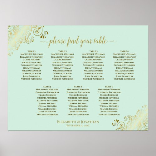 Mint Green  Gold 7 Table Wedding Seating Chart