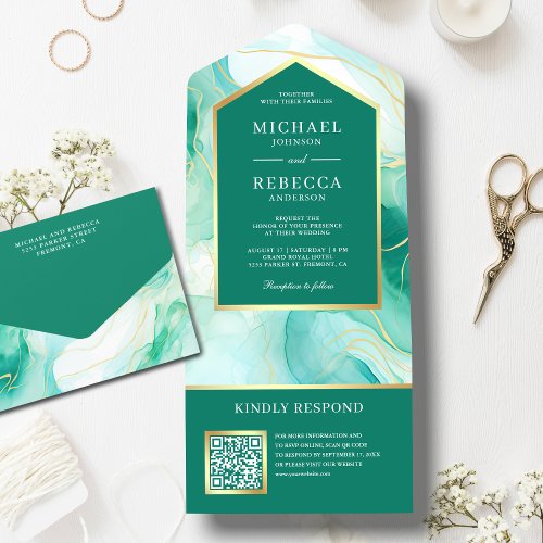 Mint Green Gold Abstract Fluid Ink QR Code Wedding All In One Invitation