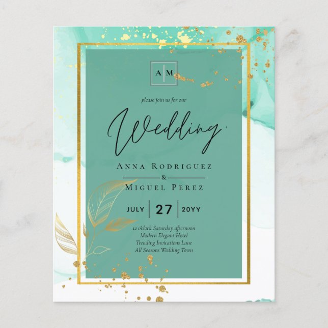 Mint Green Gold Alcohol Ink Abstract Wedding Flyer (Front)
