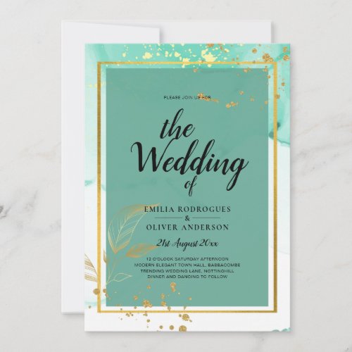 Mint Green Gold Alcohol Ink Abstract Wedding Invitation