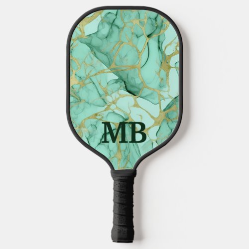 Mint Green Gold Alcohol Ink Marble Monogram Pickleball Paddle