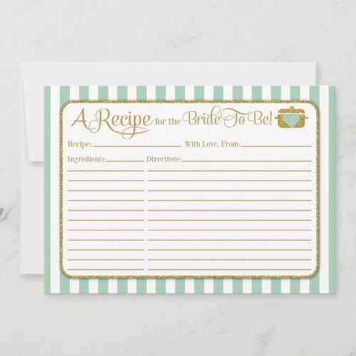 Mint Green Gold Bridal Shower Recipe Card