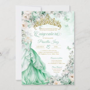 Mint Green Gold Butterfly Princess Quinceañera Invitation