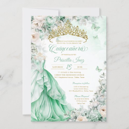 Mint Green Gold Butterfly Princess Quinceaera Invitation