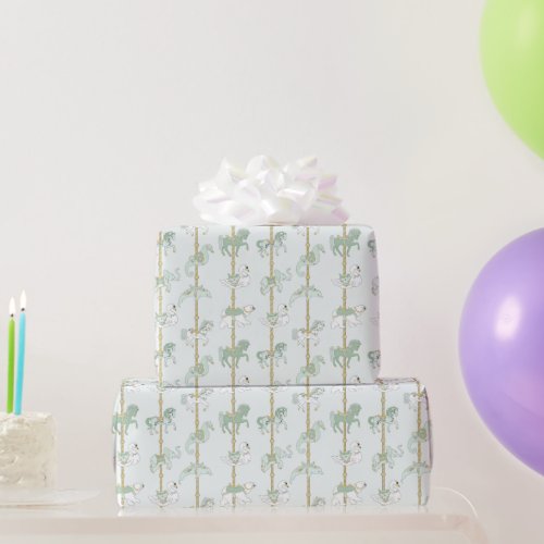 Mint Green  Gold Carousel Animals Wrapping Paper