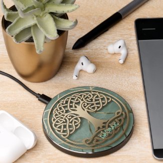Mint Green Gold Celtic Tree of Life Crann Bethadh Wireless Charger