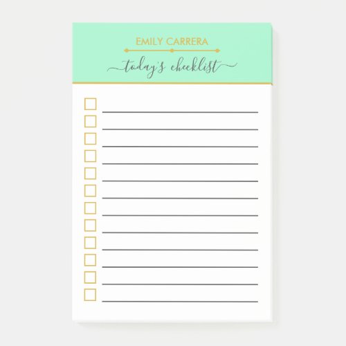 Mint Green Gold Checklist Personalized To do List Post_it Notes