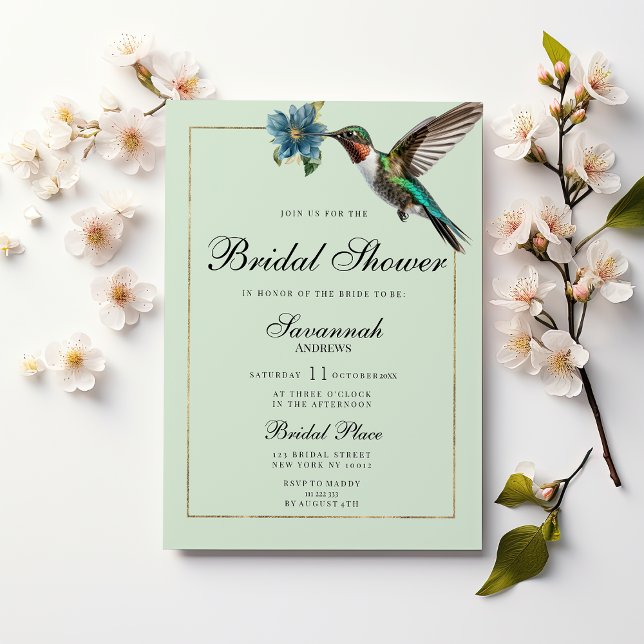 Mint green gold colorful hummingbird Bridal Shower Invitation (Mint green gold colorful hummingbird Bridal Shower )