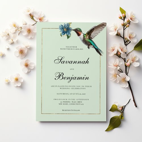 Mint green gold colorful hummingbird wedding invitation