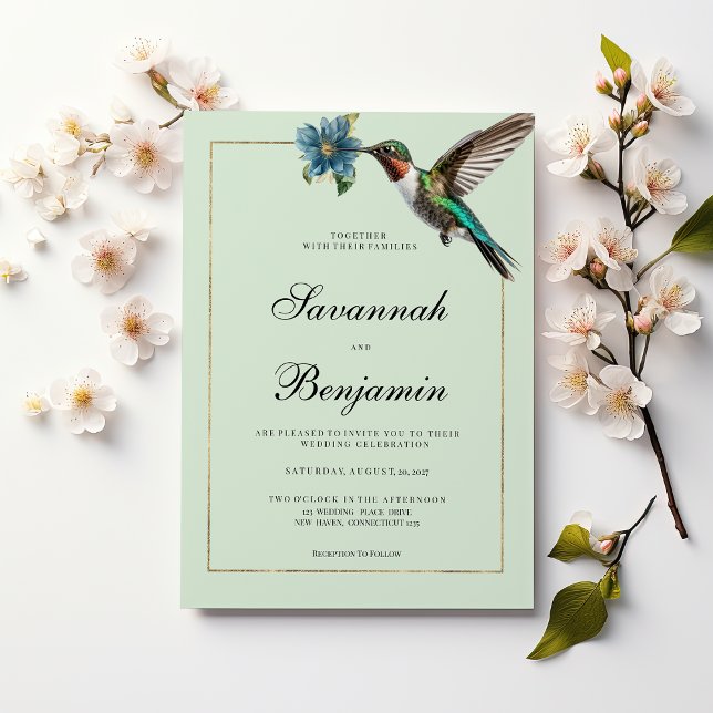 Mint green gold colorful hummingbird wedding invitation (Mint green gold colorful hummingbird )