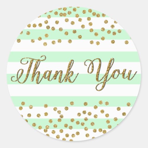 Mint Green Gold Confetti Stripes Party Thank You Classic Round Sticker
