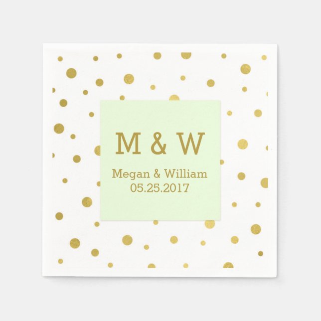 Mint Green Gold Confetti Wedding Monogram Paper Napkins (Front)