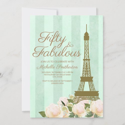 Mint Green Gold Eiffel Tower 50th Birthday Invitation