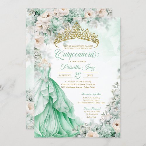Mint Green Gold Elegant Princess Quinceaera Invitation