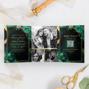 Mint Green Gold Floral Marble QR Code Wedding Tri-Fold Invitation