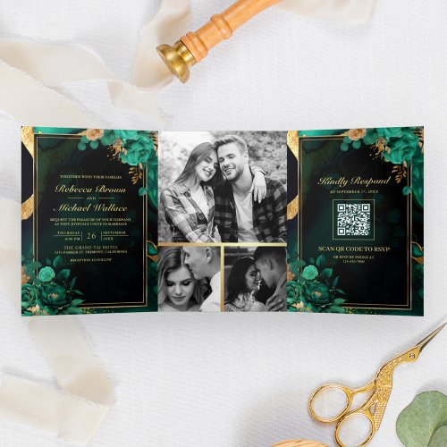 Mint Green Gold Floral Marble QR Code Wedding Tri_Fold Invitation